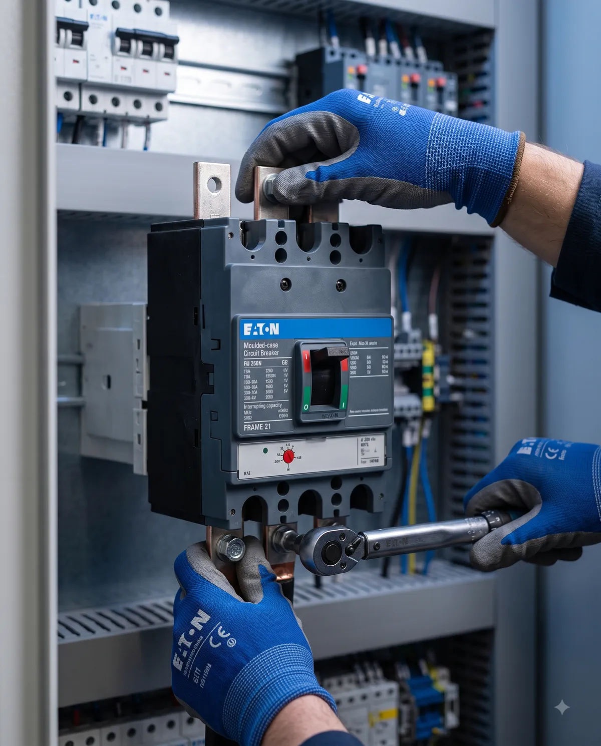 Aparataj electric Eaton montat pe șină DIN într-un tablou de distribuție industrial