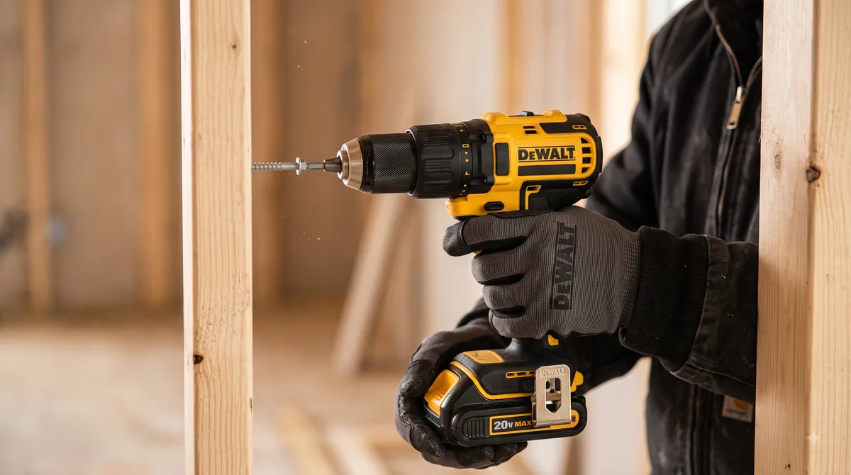 Mașină de găurit cu acumulator DeWalt 18V XR folosită pentru înșurubare într-o structură de lemn